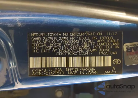 2012 Toyota Prius C Four from USA, damaged, VIN JTDKDTB3XC1523417